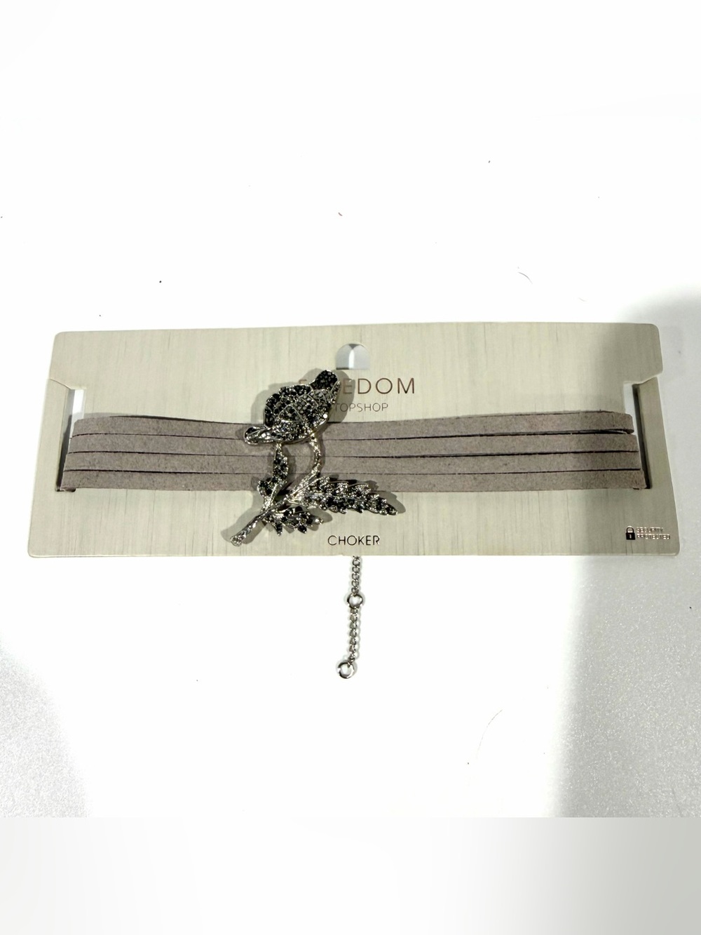 New w Tag Topshop Freedom Gray Suede Rose Silver Rhinestone Choker Necklace